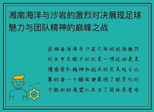湘南海洋与沙岩的激烈对决展现足球魅力与团队精神的巅峰之战